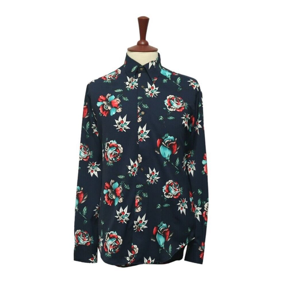 Mens Silk Shirt Button Up Blue Red Floral Casual Hawaiian Beach Party Medium